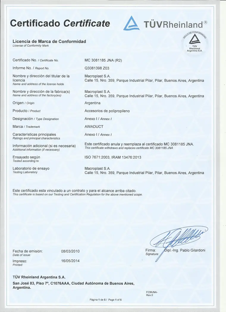 Certificado de accesorios · Awaduct — página 1