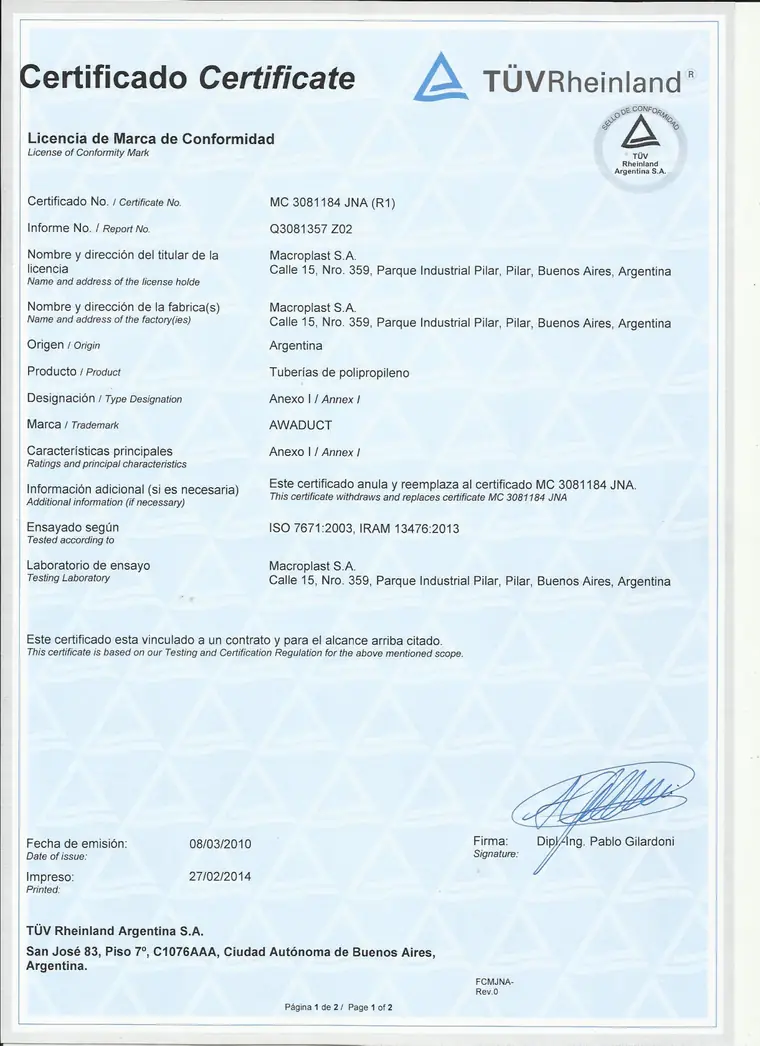 Certificado de tubos · Awaduct — página 1