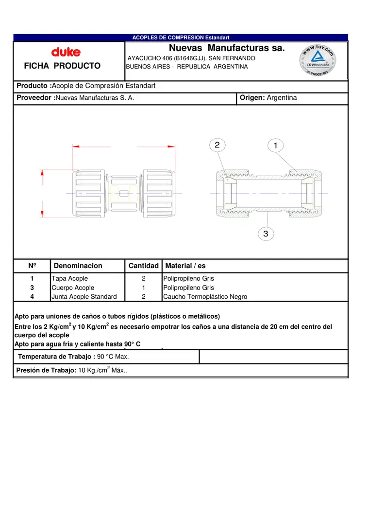 Ficha técnica acople de compresión standard — página 1