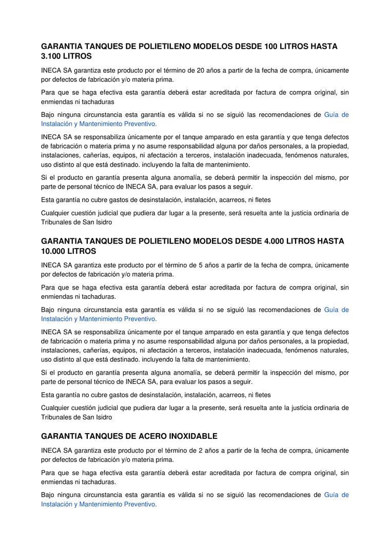 Garantía de tanques · Ineca — página 1