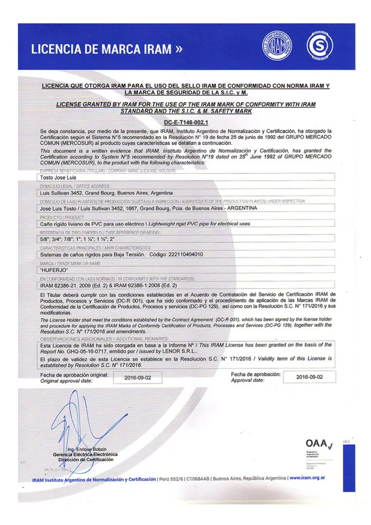 Certificado IRAM tubo rígido liviano · Huferjo — página 1