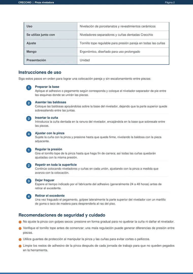 Manual de uso pinza niveladora · Crecchio — página 2