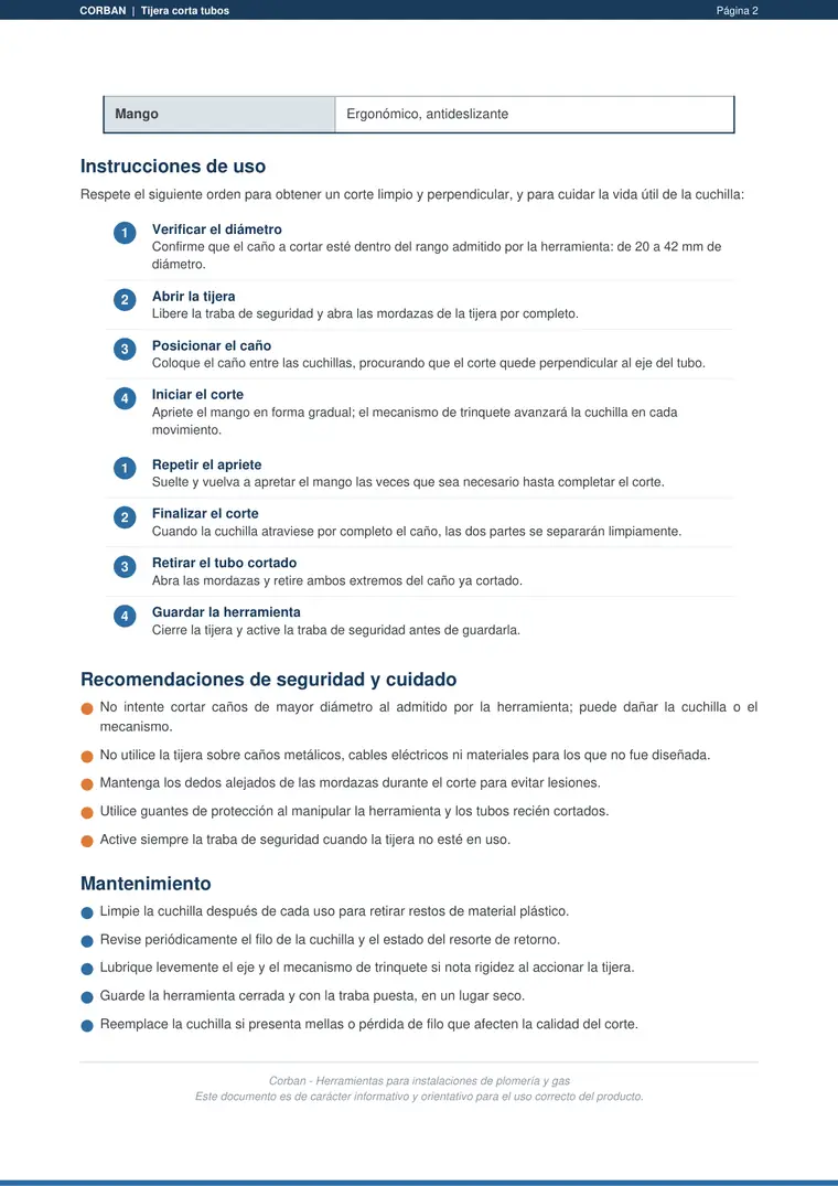 Manual de uso tijera cortatubos · Corban — página 2