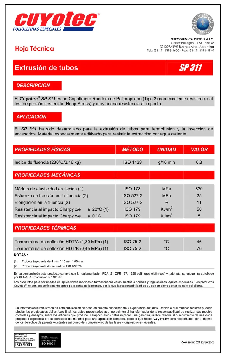 Hoja técnica materia prima PP-R · Redeco — página 1