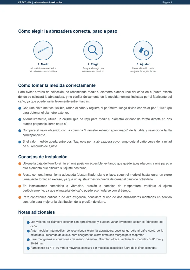 Tabla de medidas de abrazaderas para polietileno · Crecchio — página 3