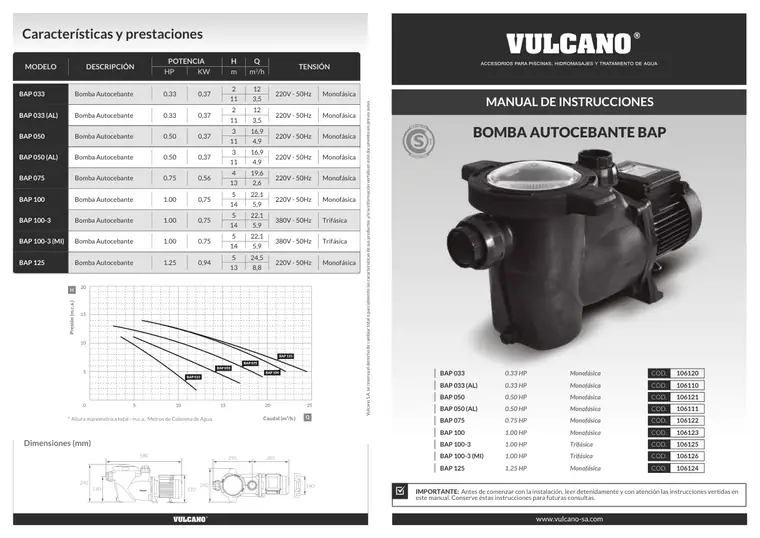 Manual de bomba autocebante BAP · Vulcano — página 1