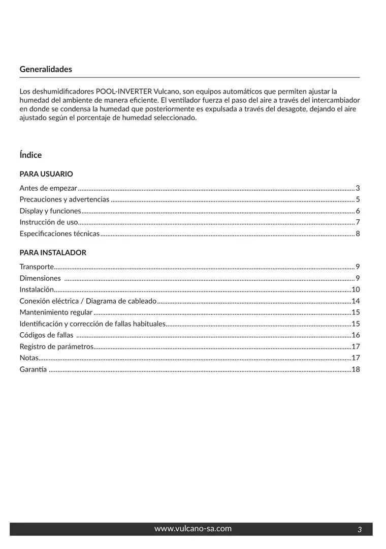 Manual de deshumidificador Pool Inverter · Vulcano — página 3