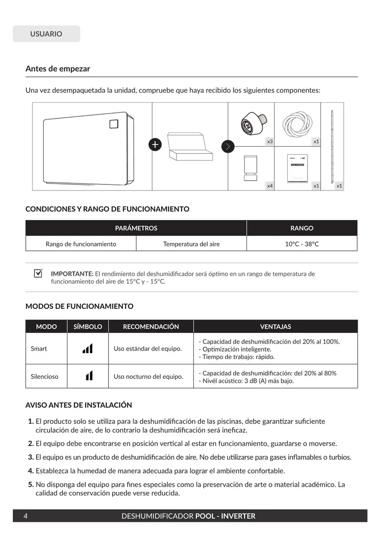 Manual de deshumidificador Pool Inverter · Vulcano — página 4