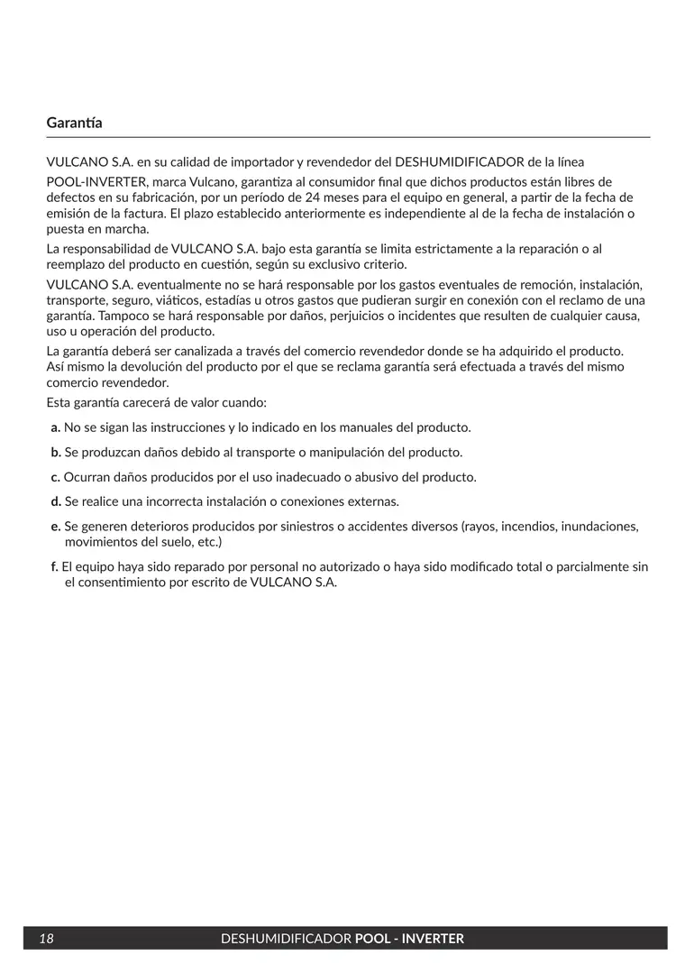 Manual de deshumidificador Pool Inverter · Vulcano — página 18