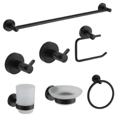 Linea Exo - Conjunto 6 Unidades - Negro: Percha, Toallero Barral, Porta Rollo, Porta Cepillos, Jabonera y Toallero Aro. - Vann
