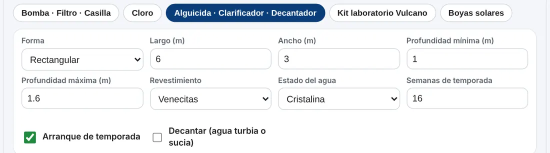 Pestaña Alguicida · Clarificador · Decantador